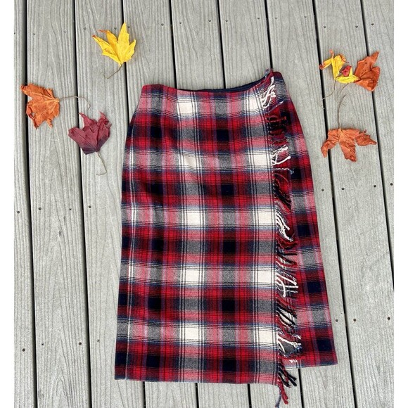 Vintage Talbots Red Plaid Wool Midi Skirt Faux Wrap Fringe Women’s 12 - Picture 4 of 16